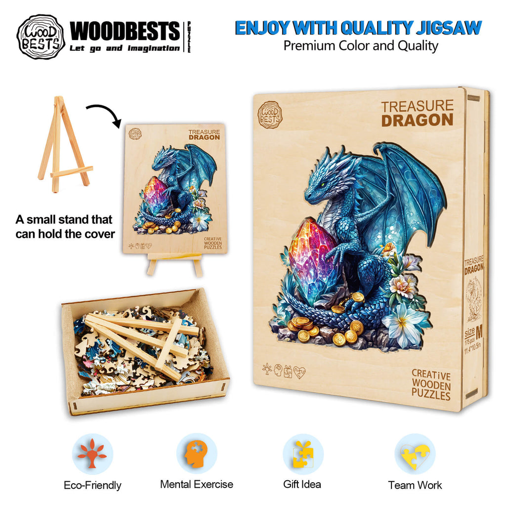 Treasure Dragon wooden jigsaw puzzle with vibrant colors, eco-friendly materials, and a stand, ideal for mindful play.