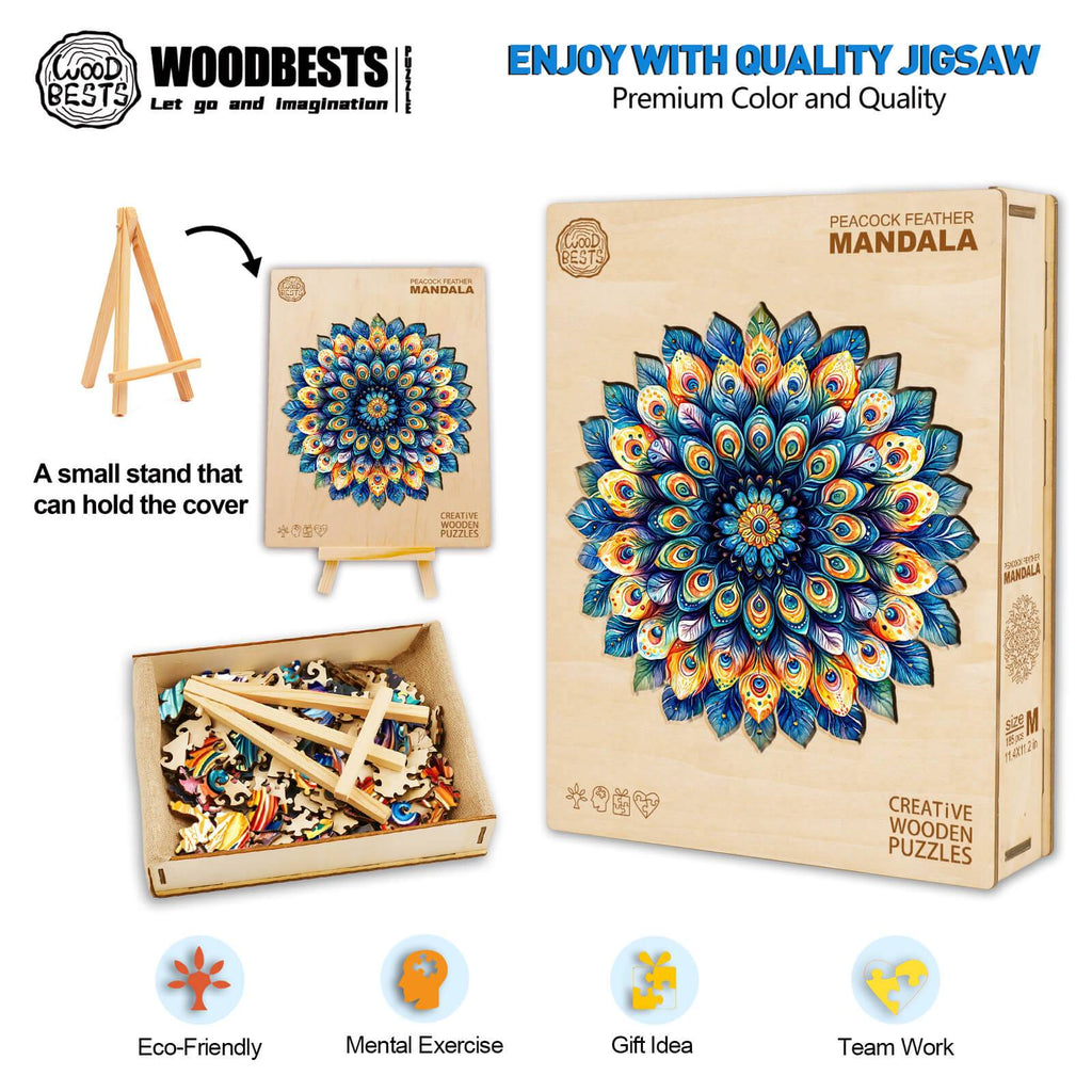 Peacock Feather Mandala wooden jigsaw puzzle with vibrant colors, eco-friendly materials for brain training and teamwork.