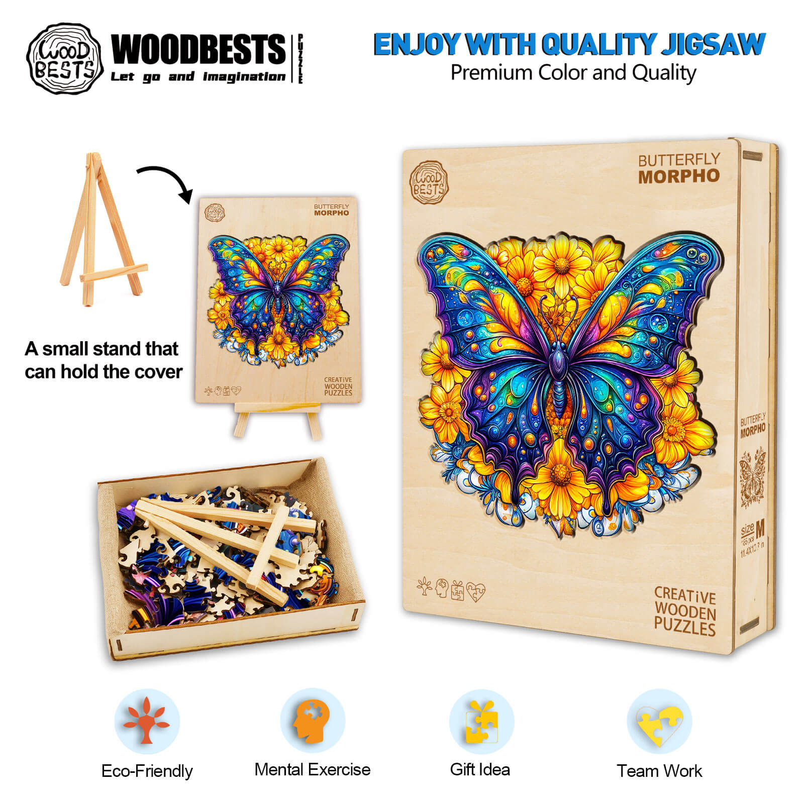 Morpho Butterfly wooden jigsaw puzzle with vibrant colors, eco-friendly materials, and a small stand for display.