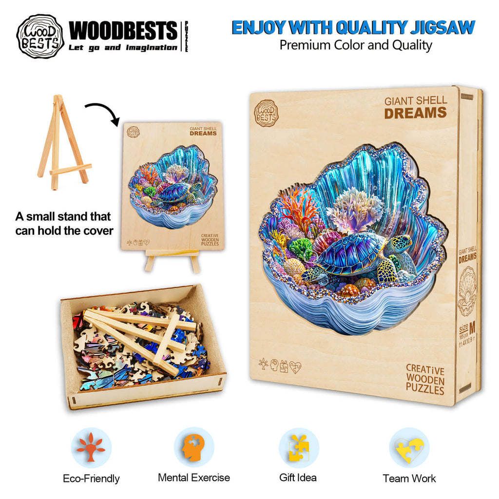 3D Giant Shell Dreams Wooden Jigsaw Puzzle with vibrant colors, eco-friendly materials, and mental exercise features.