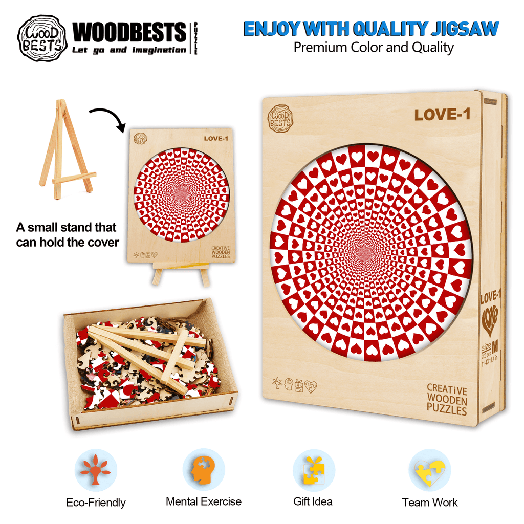 Love-1 wooden jigsaw puzzle with heart design, promotes focus and teamwork, eco-friendly and great as a gift.