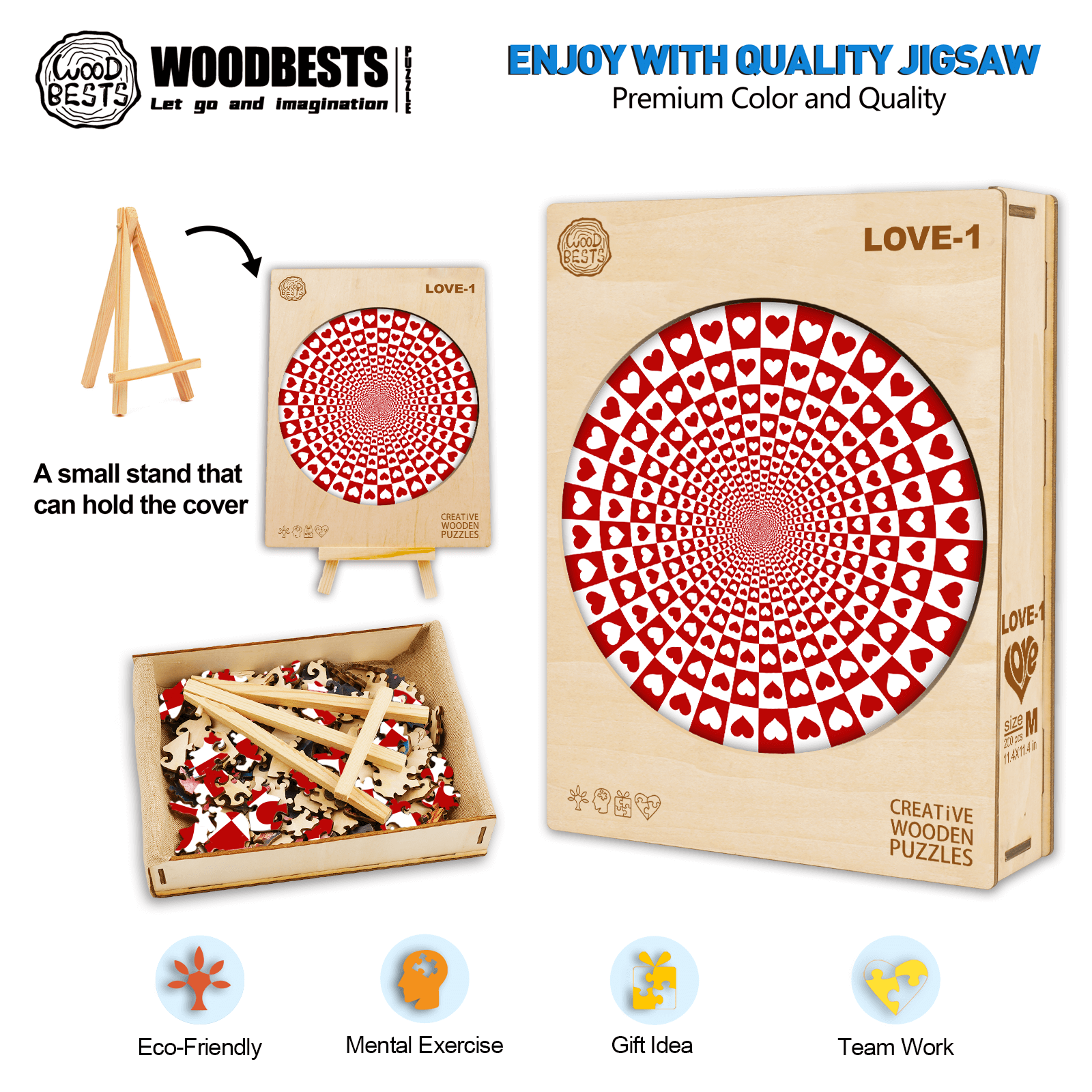 Love-1 wooden jigsaw puzzle with heart design, promotes focus and teamwork, eco-friendly and great as a gift.