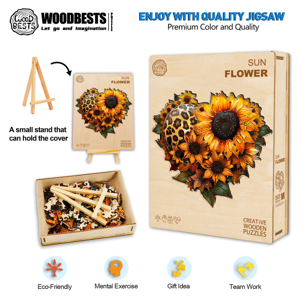Sunflower Wooden Jigsaw Puzzle with eco-friendly materials for mental exercise, promoting focus and teamwork.