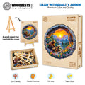 3D Bear's Journey wooden jigsaw puzzle packaging with colorful artwork, eco-friendly materials, and a display stand.