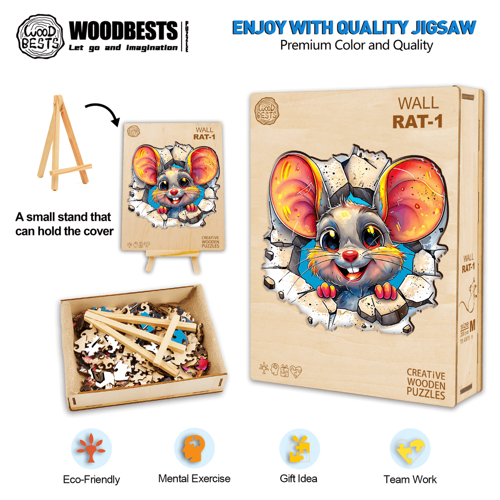 Wall Rat-1 Wooden Jigsaw Puzzle with vibrant colors, eco-friendly, great for mental exercise and team collaboration.