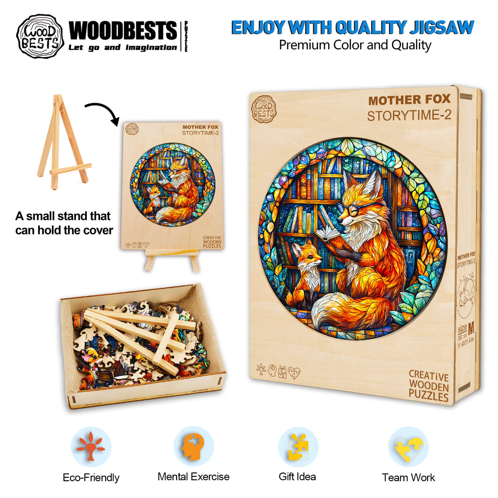 Mother Fox Storytime-2 Wooden Jigsaw Puzzle shown with pieces, featuring colorful artwork and eco-friendly design, perfect for mental exercise.