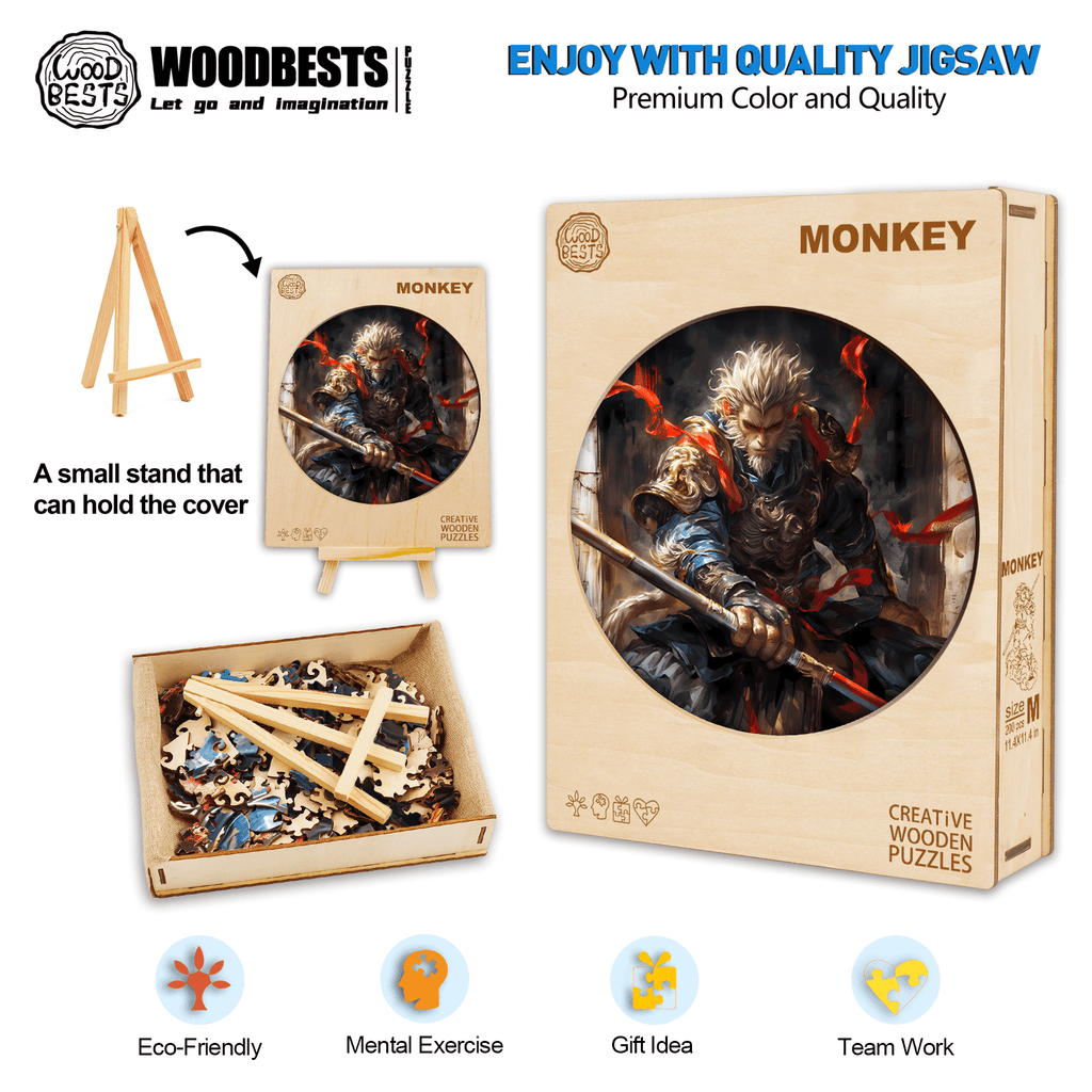 Wu Kong Wooden Jigsaw Puzzle featuring a Monkey design, perfect for mental exercise and teamwork, presented with eco-friendly packaging.