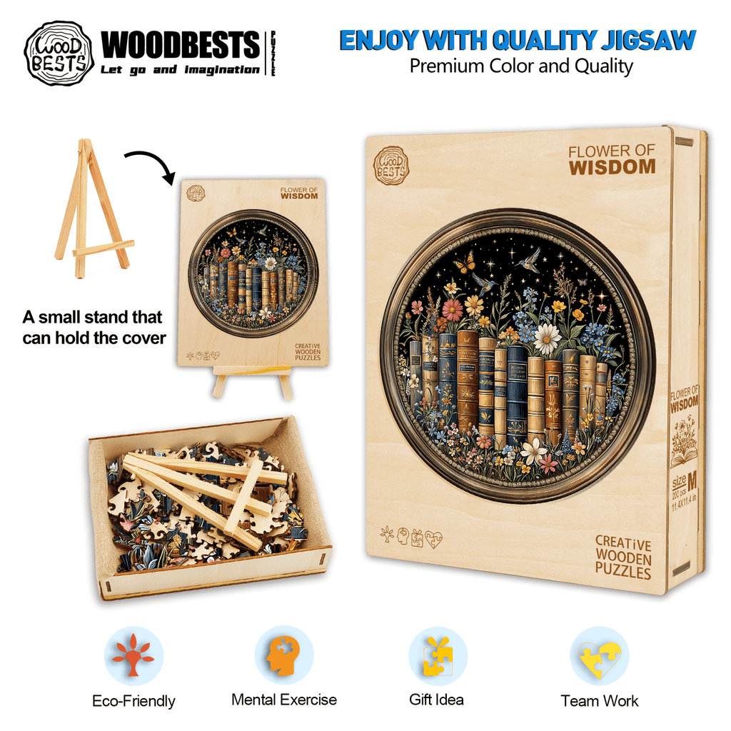 Flower of Wisdom wooden jigsaw puzzle featuring vibrant colors and books, ideal for mental exercise and gift-giving.
