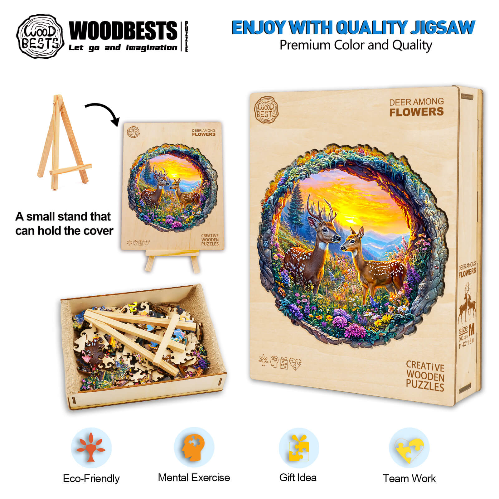 3D Deer among Flowers Wooden Jigsaw Puzzle with eco-friendly pieces for mental exercise and teamwork, perfect gift idea.