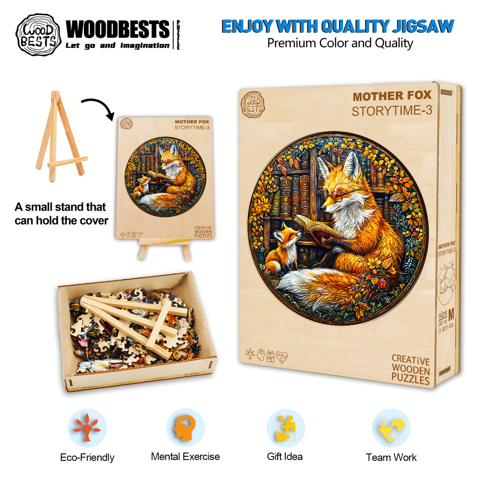 Mother Fox Storytime-3 wooden jigsaw puzzle featuring vibrant colors and eco-friendly materials for mental exercise and teamwork.