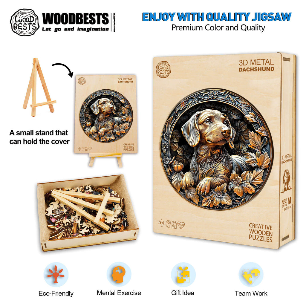 3D Metal Dachshund wooden jigsaw puzzle with colorful pieces, eco-friendly design, perfect for mental exercise and gifting.