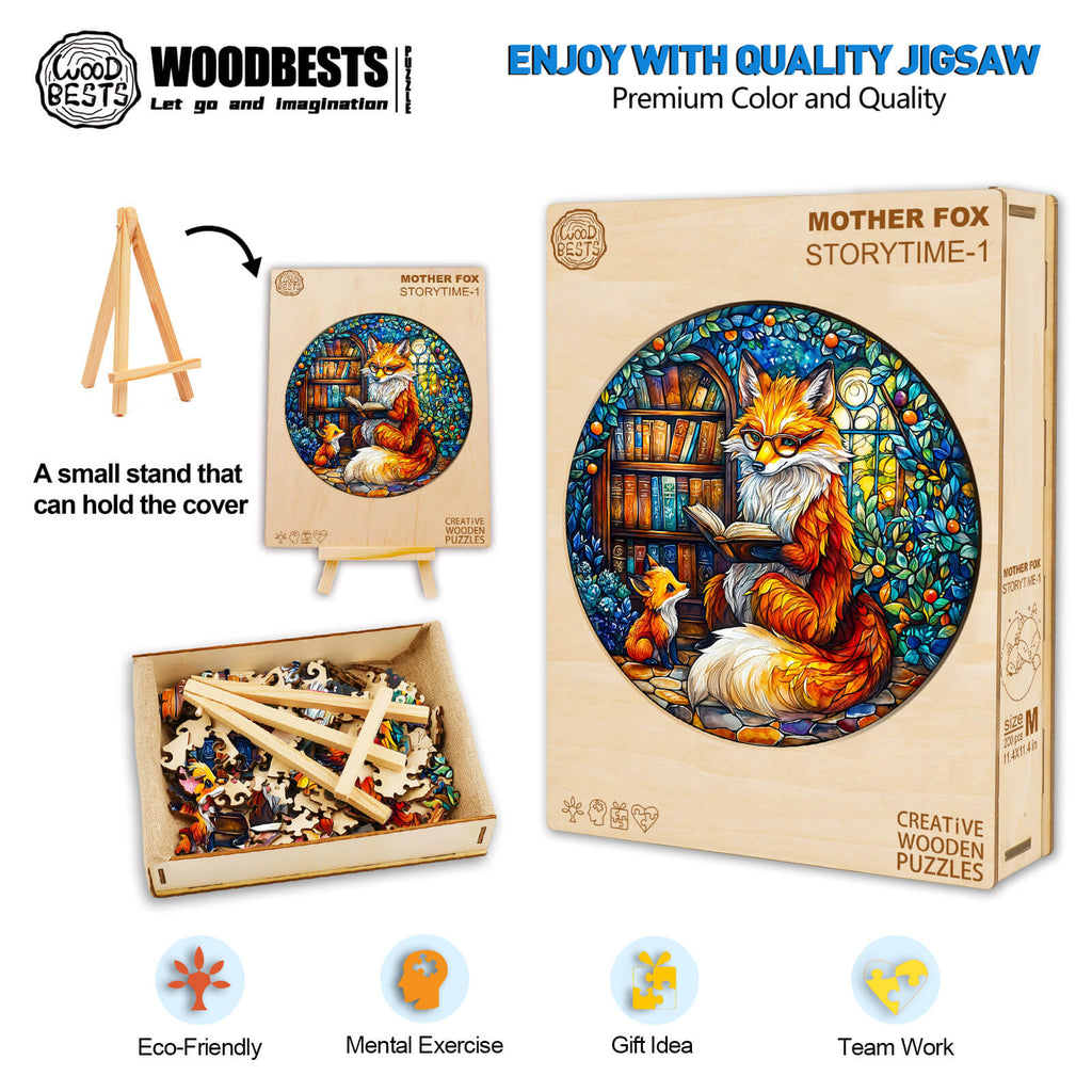 Mother Fox Storytime-1 wooden jigsaw puzzle showcasing vibrant colors and eco-friendly materials, ideal for mental exercise.