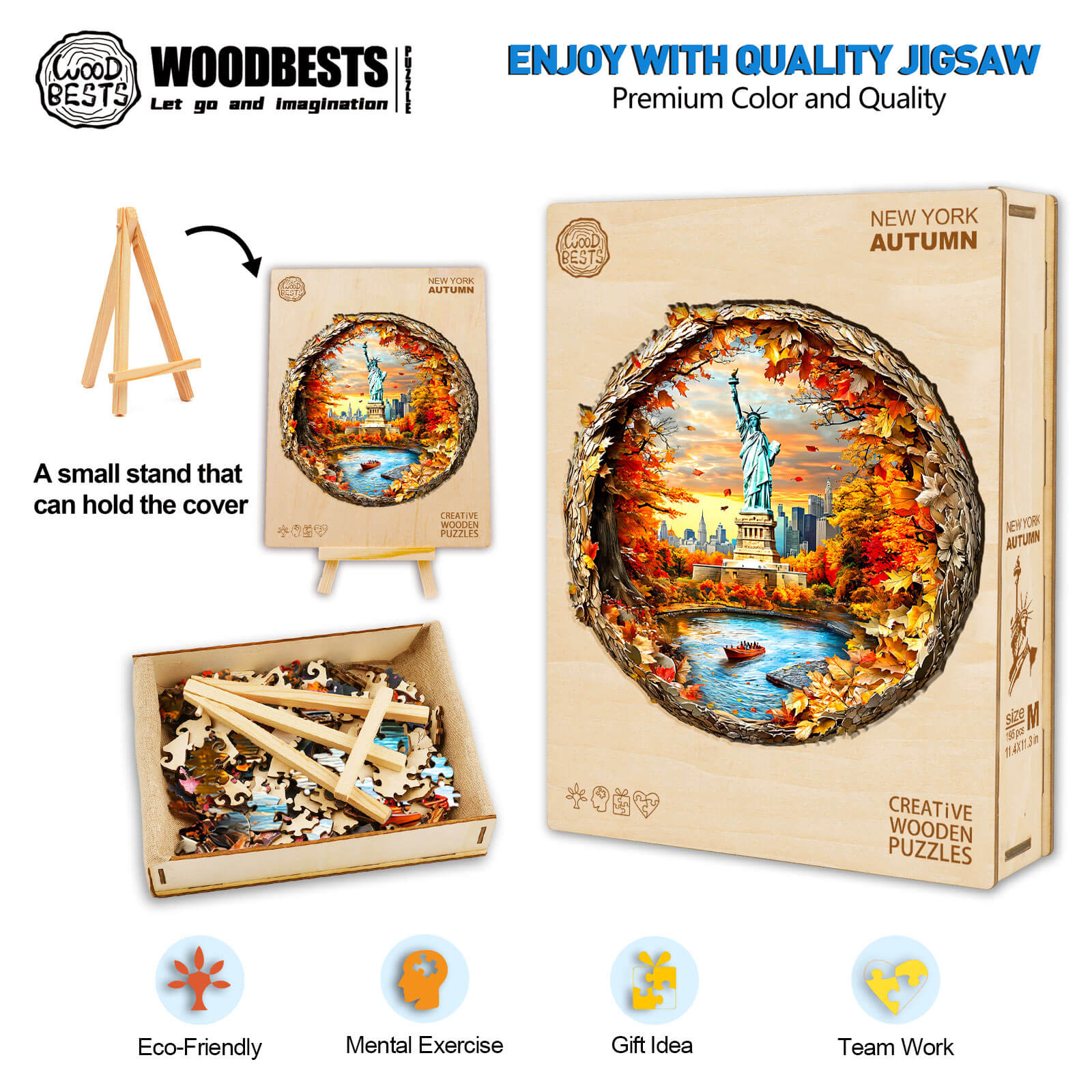 3D New York Autumn wooden jigsaw puzzle box with colorful design, eco-friendly pieces for mental exercise and teamwork.