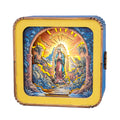 Colorful 3D wooden puzzle night light featuring the Virgin Mary against a vibrant background in a decorative box.