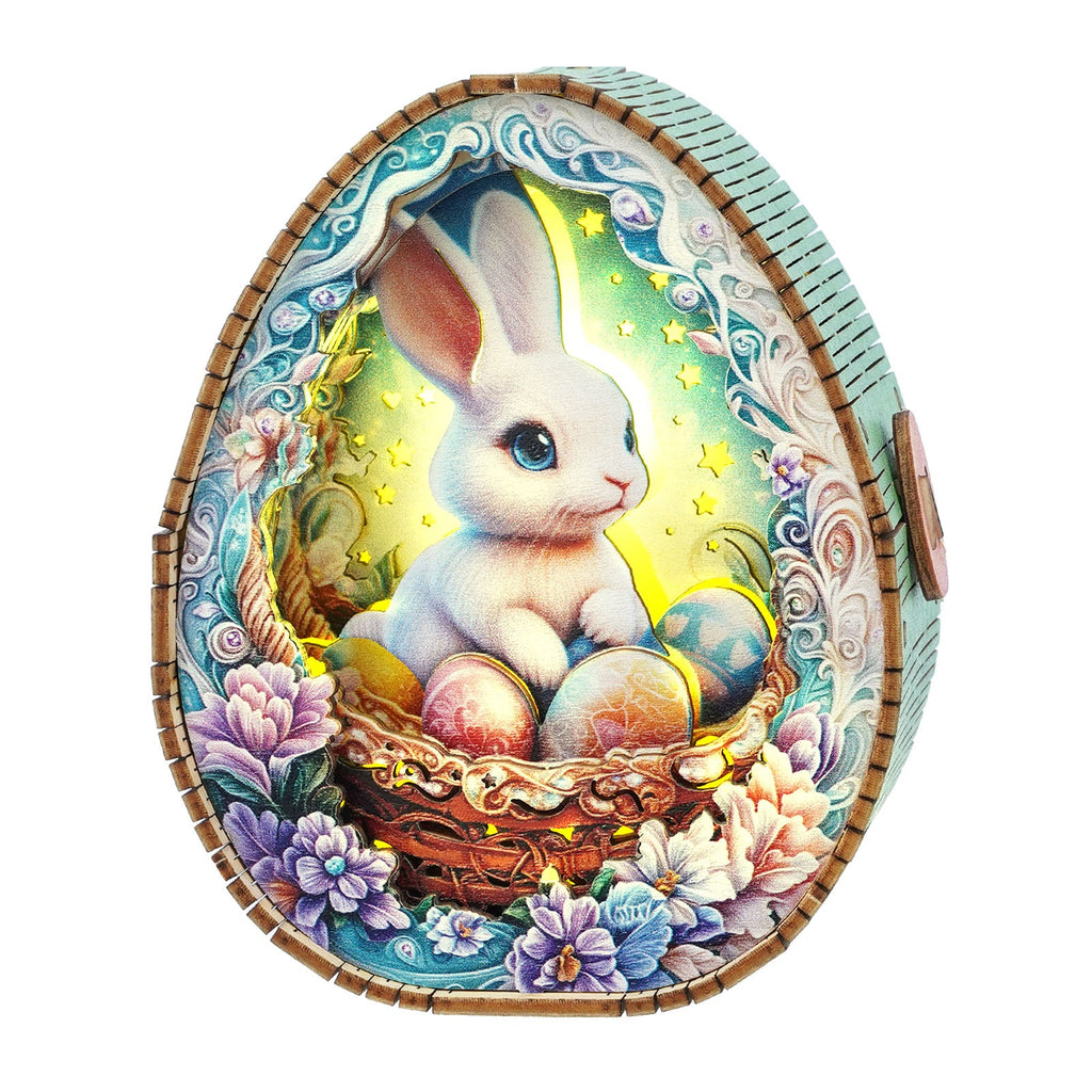 3D wooden puzzle night light featuring a cute bunny surrounded by colorful Easter eggs and flowers, perfect for Easter decor.