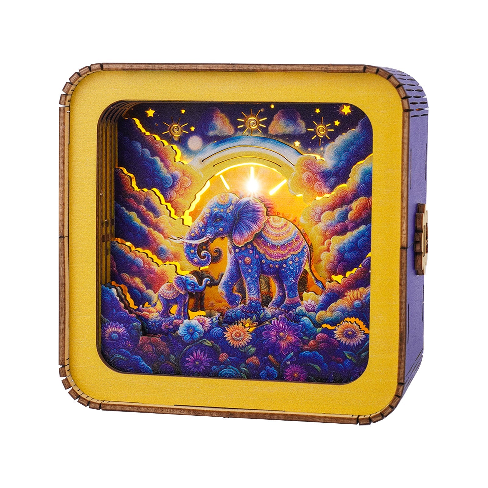 Colorful 3D wooden puzzle night light featuring elephants, perfect for home decoration and gifting.