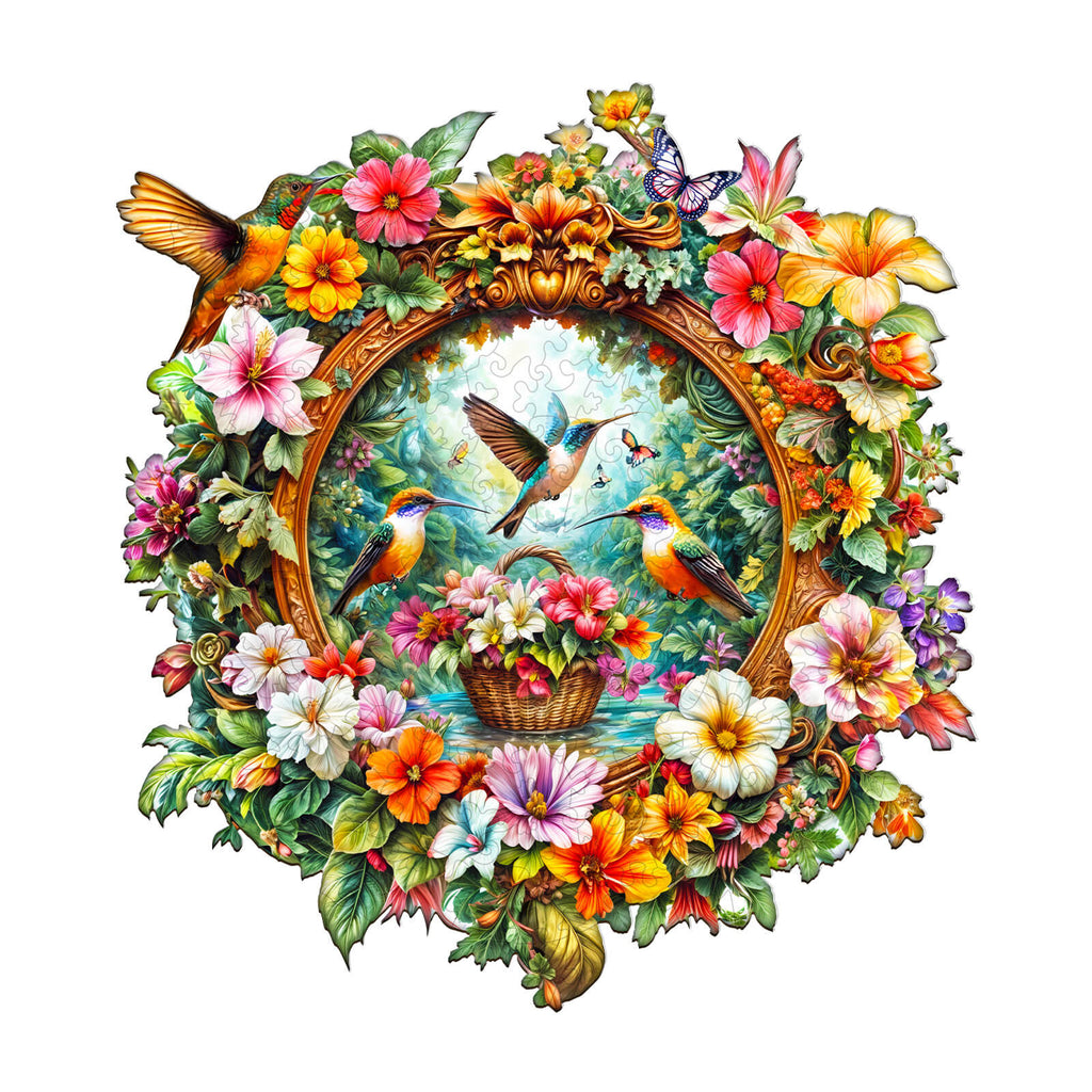 Hummingbird flower basket Wooden Jigsaw Puzzle