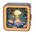 3D wooden puzzle night light featuring a serene lotus pond under a moonlit sky, showcasing vivid colors and intricate design.