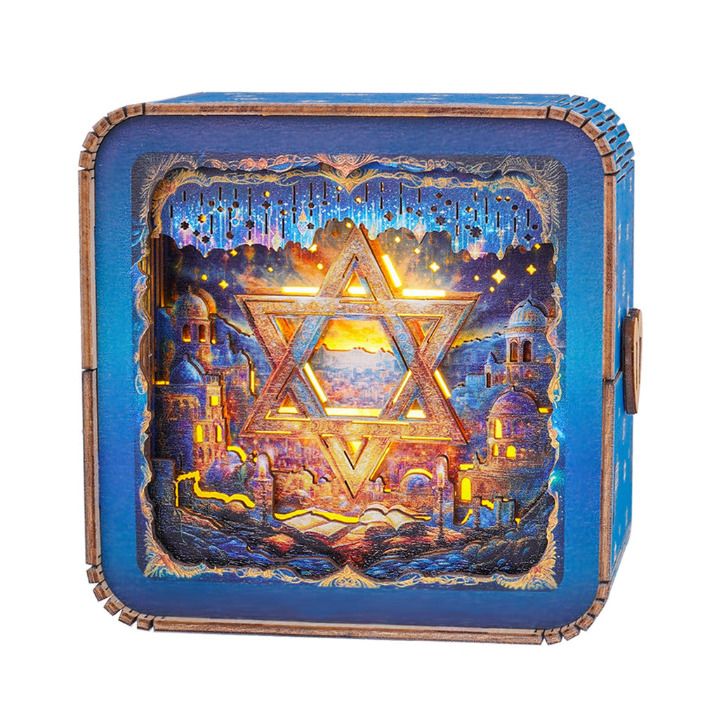 3D wooden puzzle night light featuring a glowing Star of David design, creating a beautiful ambiance.