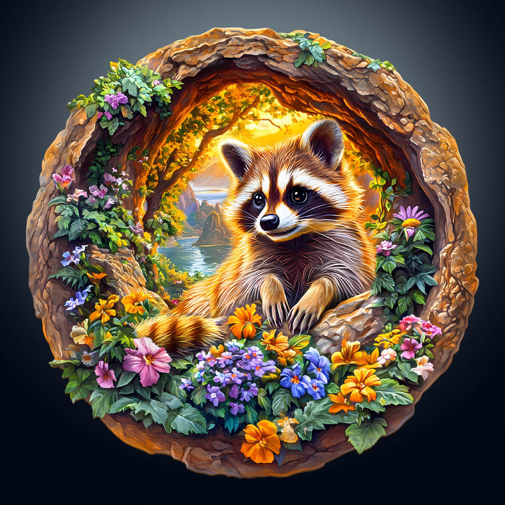3D Raccoon on Vacation Wooden Jigsaw Puzzle