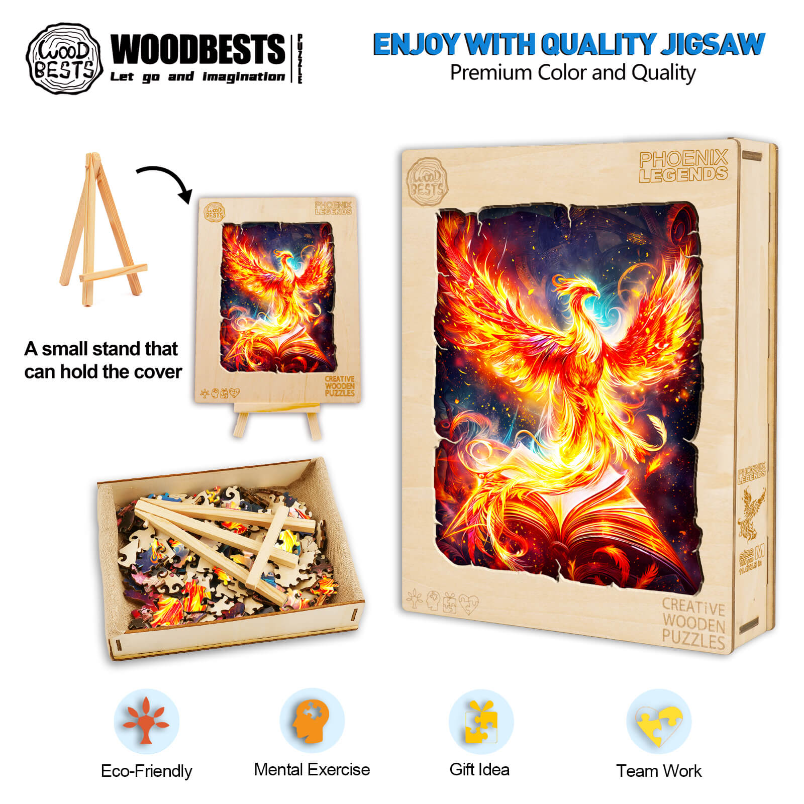 Phoenix Legends wooden jigsaw puzzle box with colorful design and pieces, promotes mental exercise and teamwork.