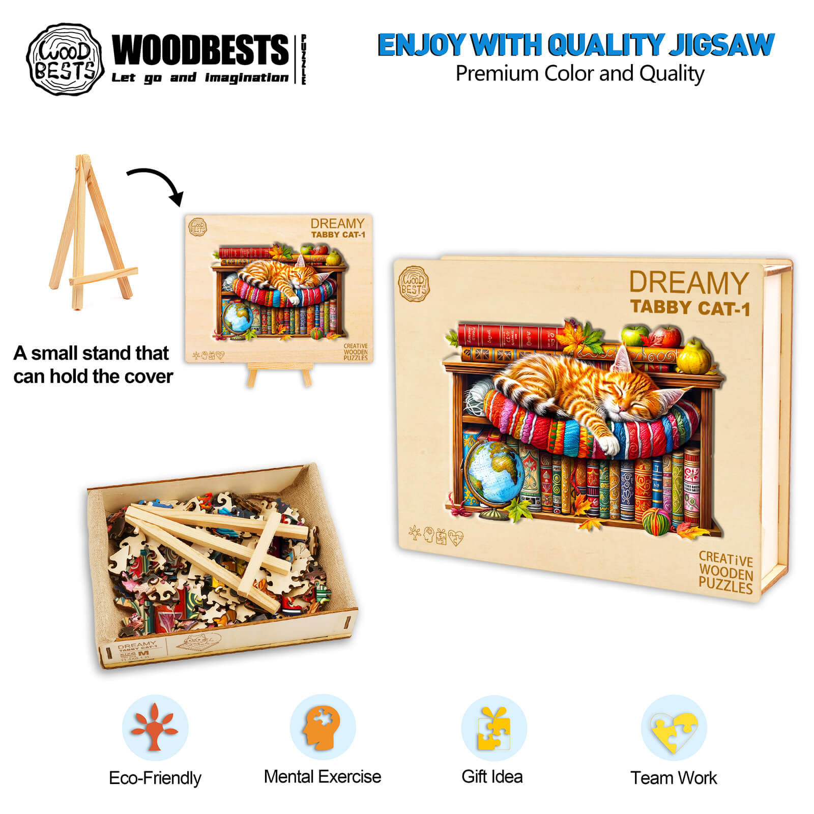 Dreamy Tabby Cat-1 wooden jigsaw puzzle with pieces and display stand, perfect for mental exercise and team work activities.