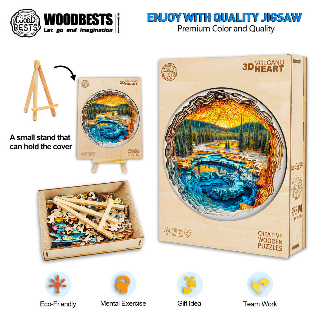 3D Volcano Heart Wooden Jigsaw Puzzle with vibrant colors, eco-friendly pieces, and a small stand for display.