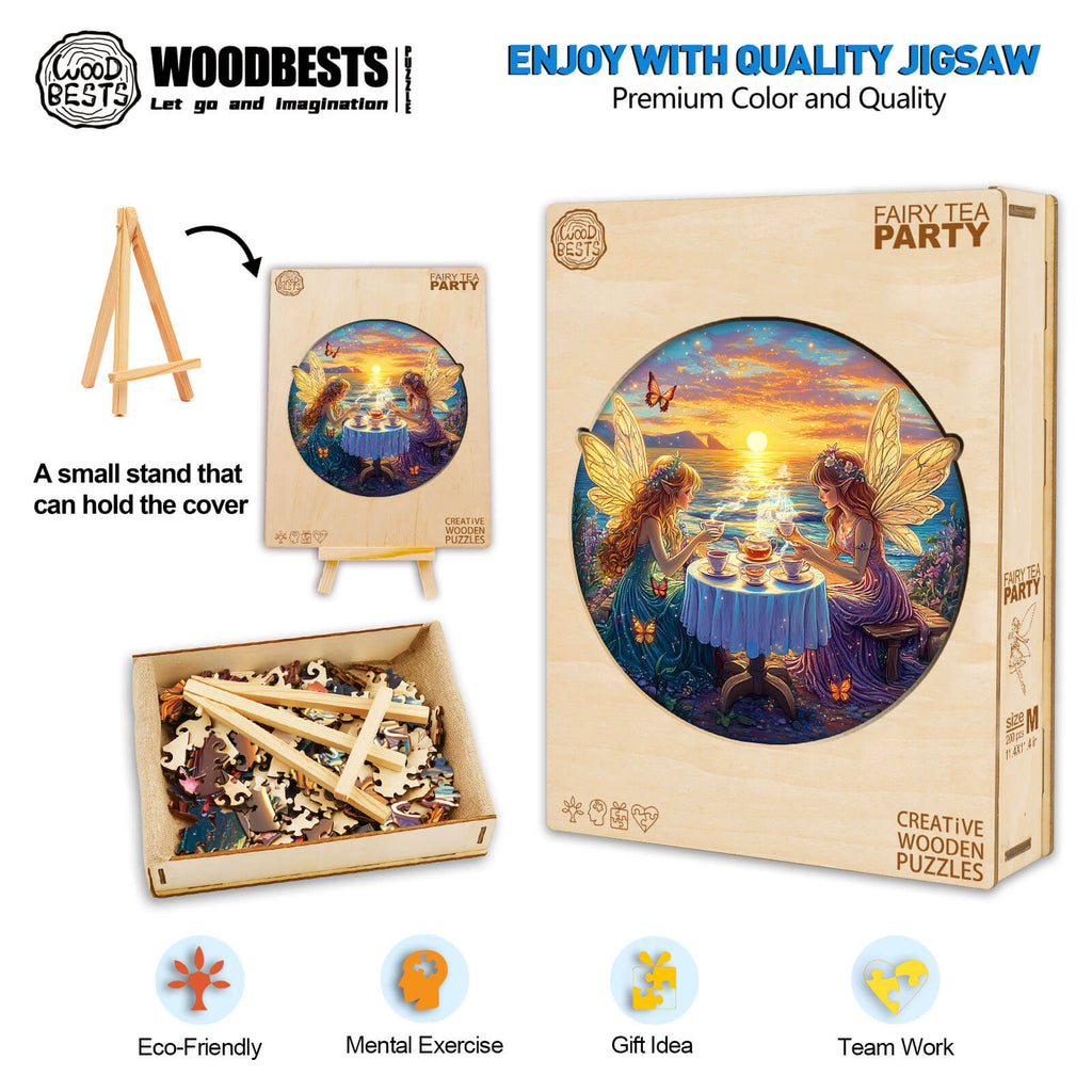 Fairy Tea Party wooden jigsaw puzzle with vibrant art, promoting mental exercise and teamwork, eco-friendly design.