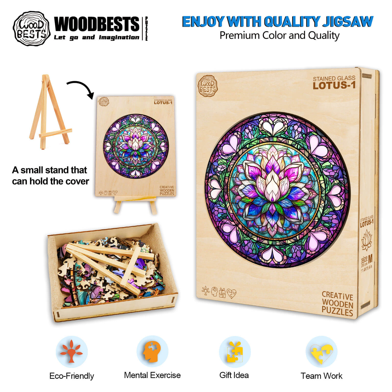 Stained Glass Lotus-1 wooden jigsaw puzzle with eco-friendly materials, ideal for mental exercise and gifts.