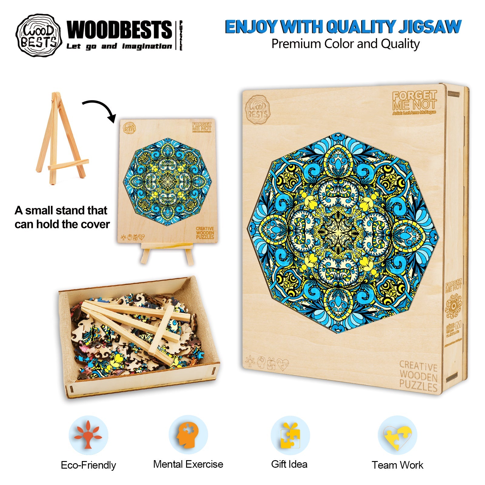 Forget Me Not jigsaw puzzle by Lori Anne McKague, featuring vibrant doodle art design, eco-friendly, perfect for gifts and teamwork.