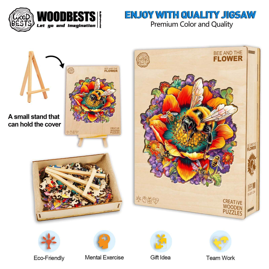 Bee and the Flower wooden jigsaw puzzle with vibrant colors, perfect for mental exercise and team play, eco-friendly.