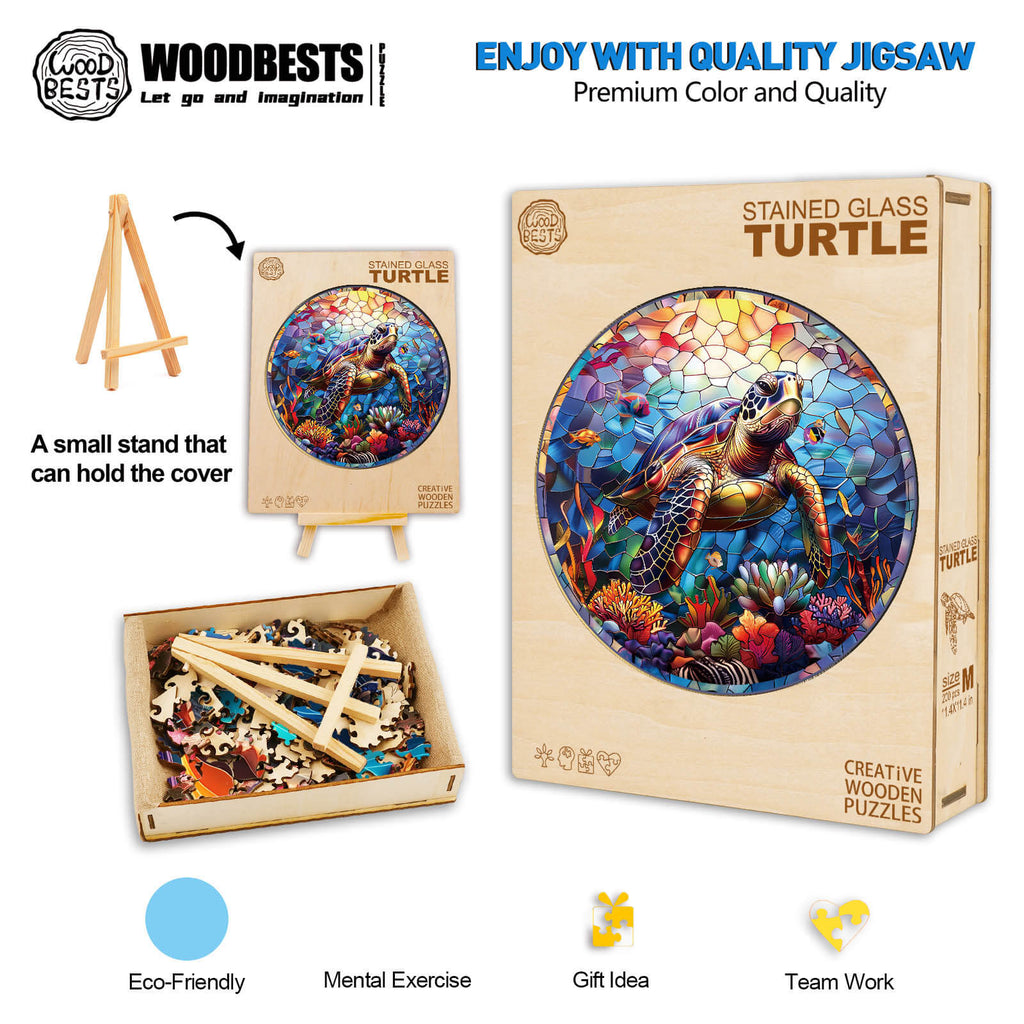 Stained Glass Turtle wooden jigsaw puzzle in a box with pieces, promoting mental exercise and teamwork.