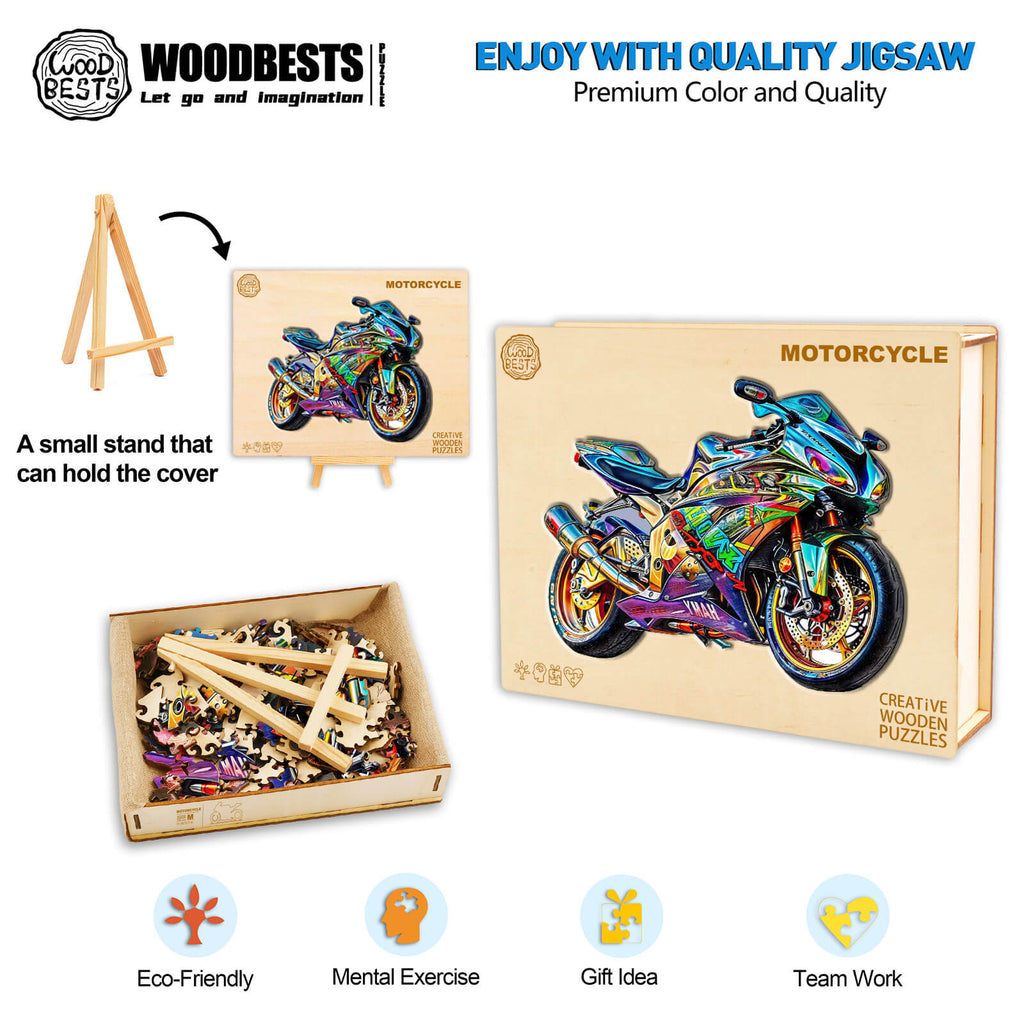 Motorcycle wooden jigsaw puzzle with colorful design, promotes focus and teamwork, eco-friendly and perfect as a gift.