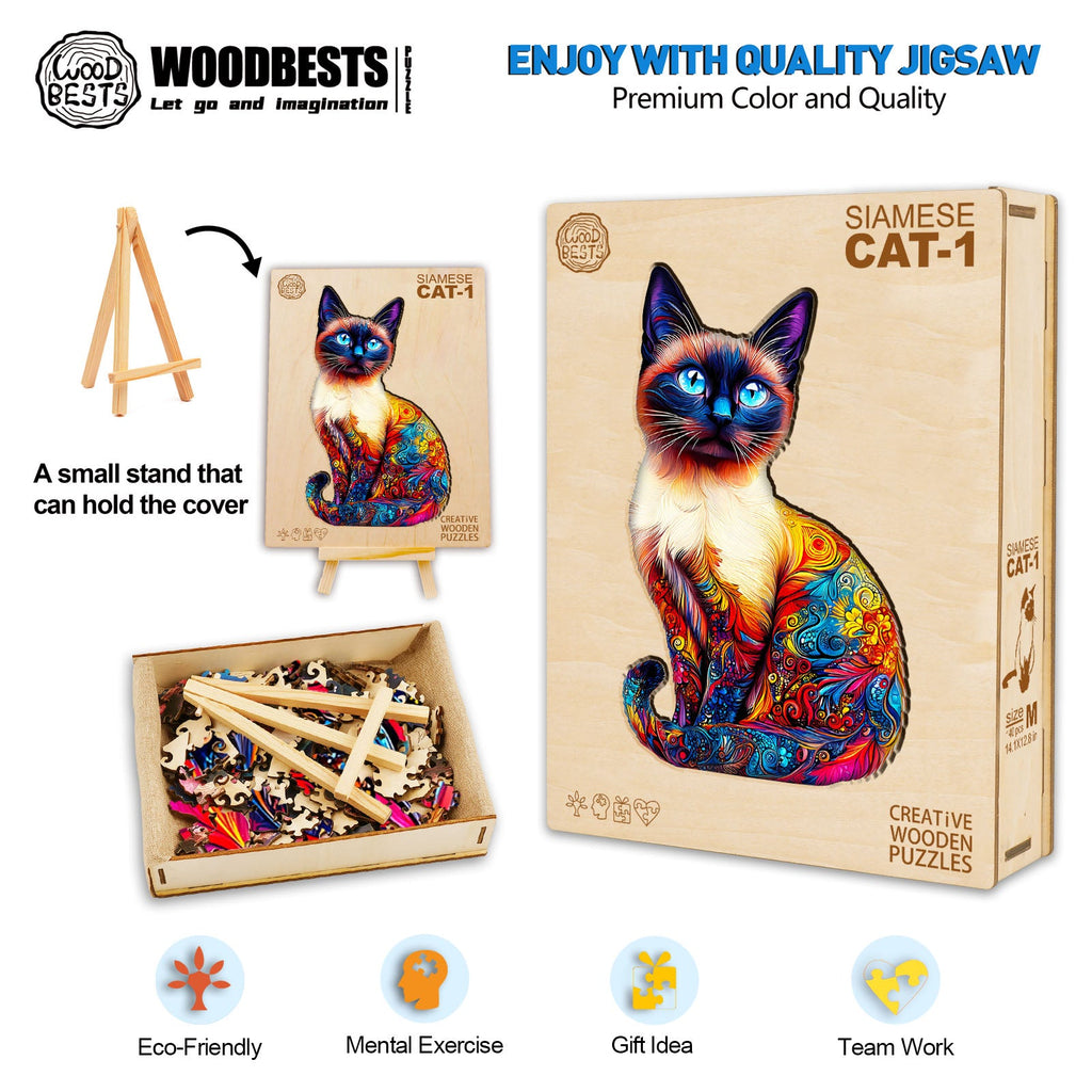 Siamese Cat-1 wooden jigsaw puzzle in colorful design, promoting mental exercise and focus. Eco-friendly gift idea.