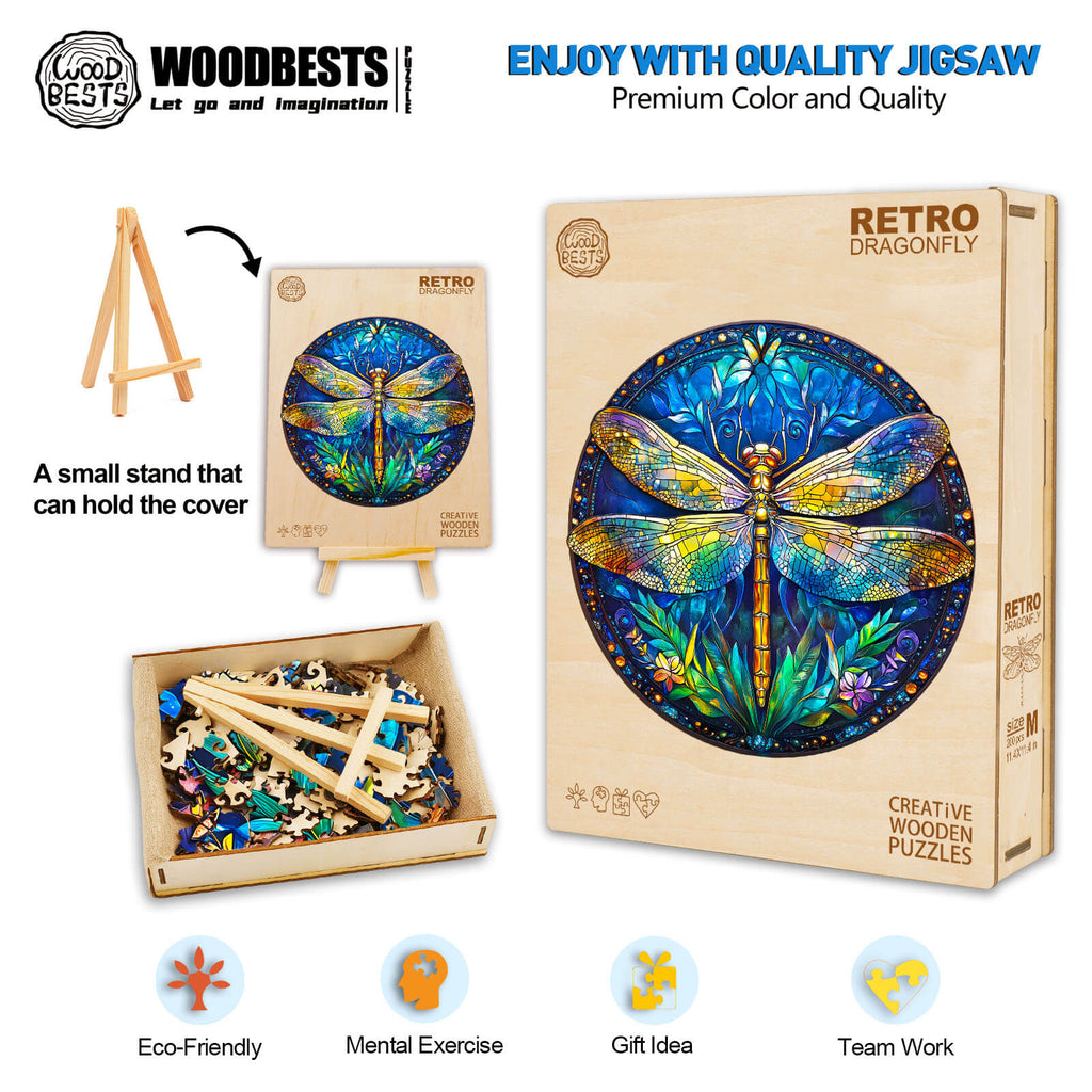 Retro dragonfly wooden jigsaw puzzle with vibrant colors, eco-friendly materials, ideal for mental exercise and team play.
