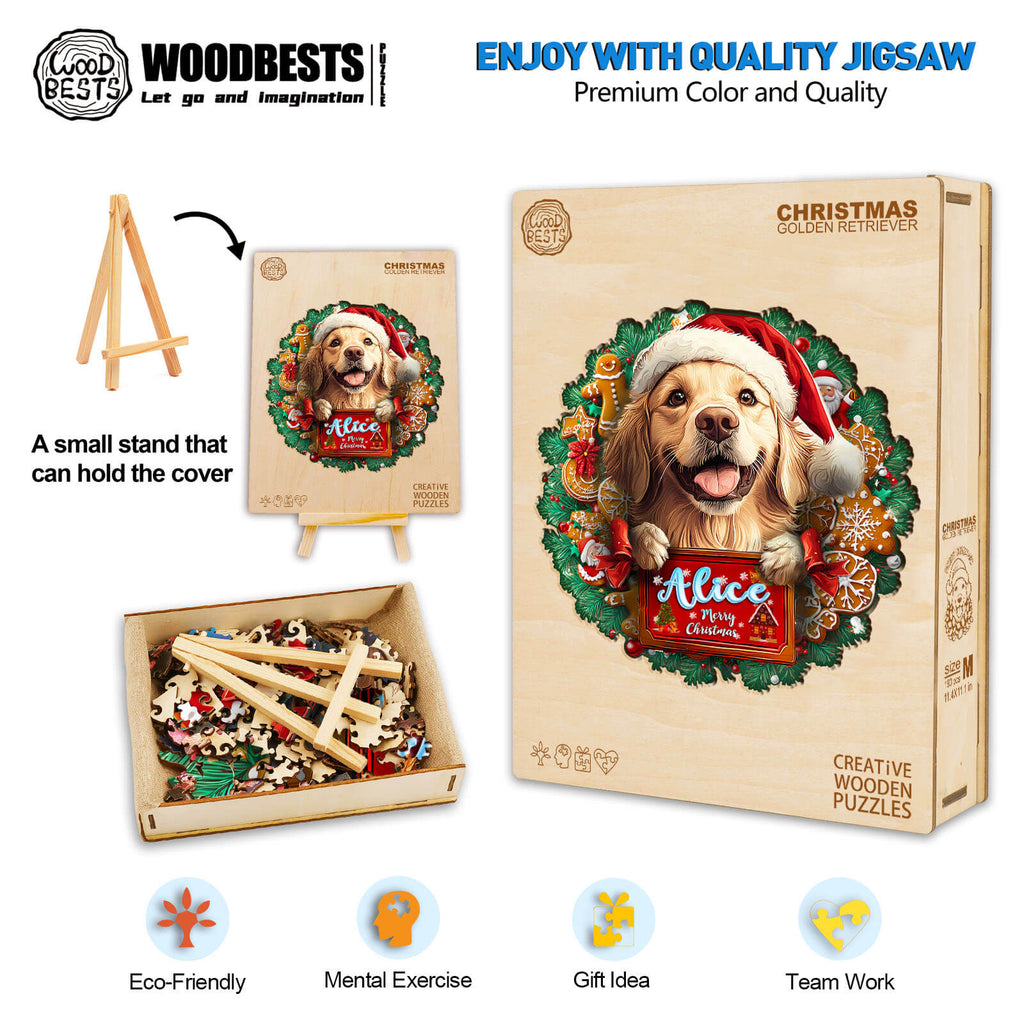 Custom Christmas Golden Retriever wooden jigsaw puzzle with dog's name, eco-friendly, perfect gift idea for pet lovers.
