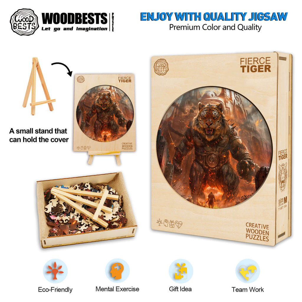 Fierce Tiger Wooden Jigsaw Puzzle in eco-friendly packaging, promoting focus and mental exercise with quality design.