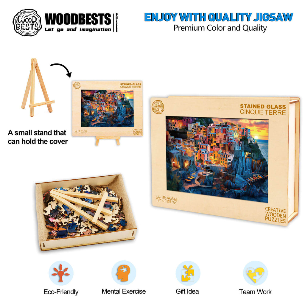 Colorful Stained Glass Cinque Terre Wooden Jigsaw Puzzle, eco-friendly gift for mental exercise and teamwork.