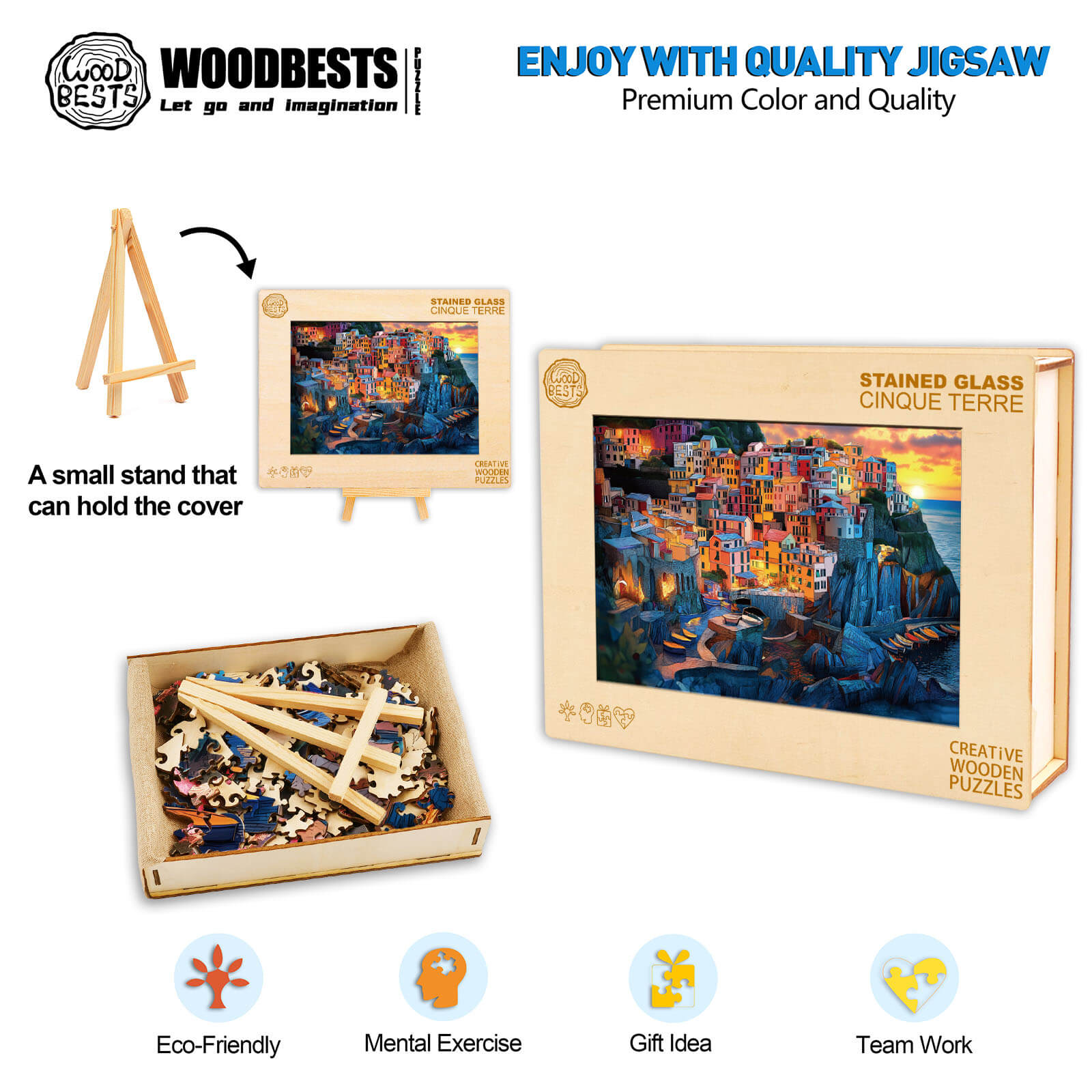 Colorful Stained Glass Cinque Terre Wooden Jigsaw Puzzle, eco-friendly gift for mental exercise and teamwork.