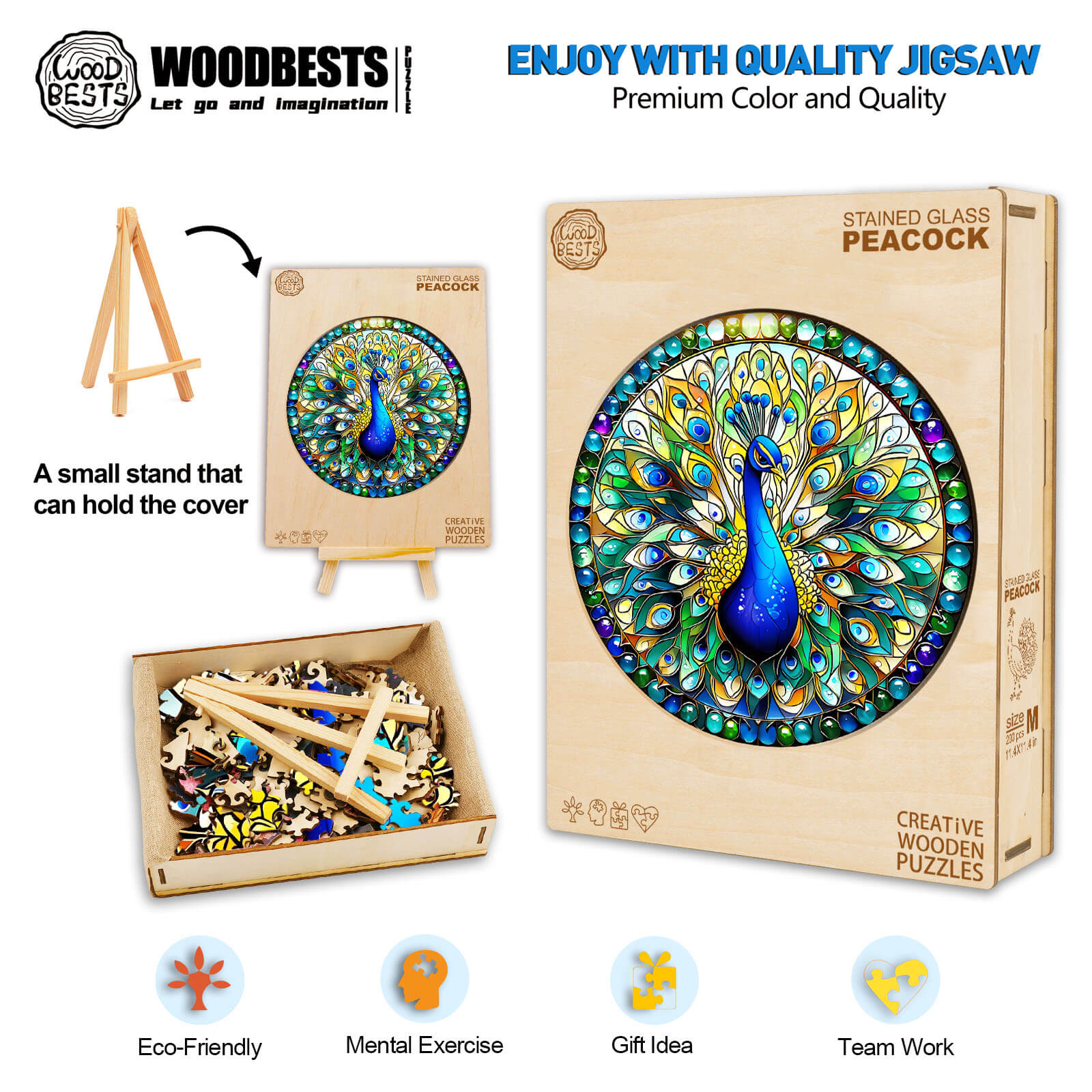 Stained Glass Peacock wooden jigsaw puzzle with vibrant colors, perfect for mental exercise and team activities.