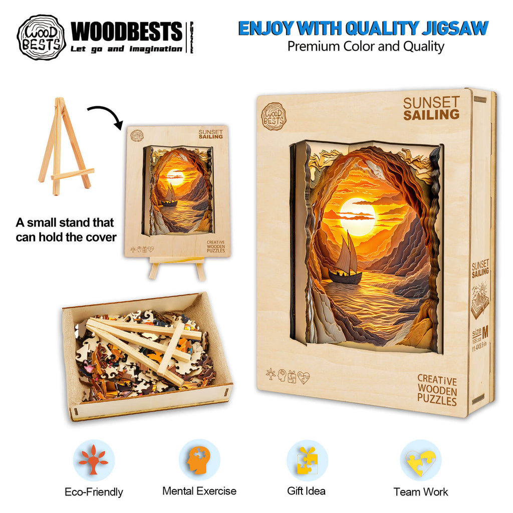 3D Sunset sailing wooden jigsaw puzzle by Woodbest, featuring colorful design and eco-friendly materials for mental exercise.