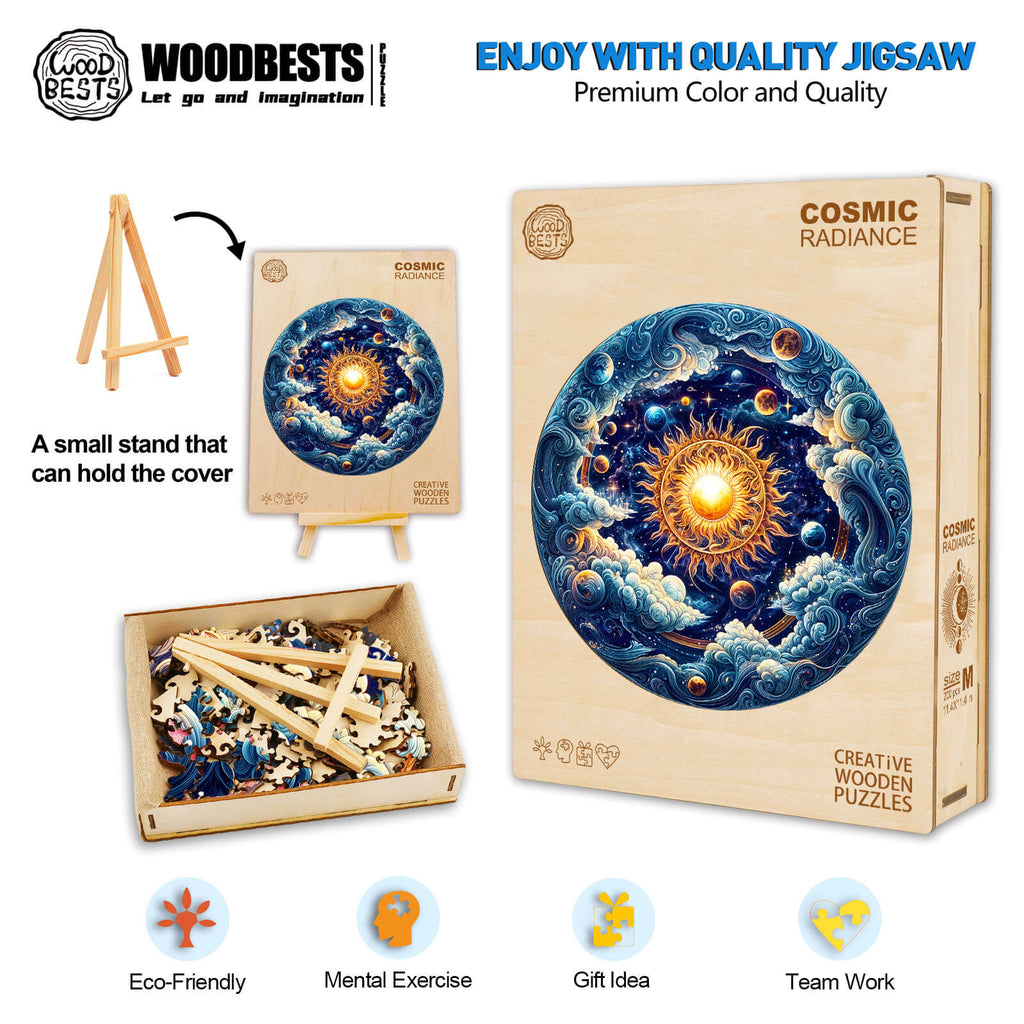 Cosmic Radiance wooden jigsaw puzzle with vibrant design, eco-friendly materials, and stand for display.