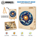 Cosmic Radiance wooden jigsaw puzzle with vibrant design, eco-friendly materials, and stand for display.
