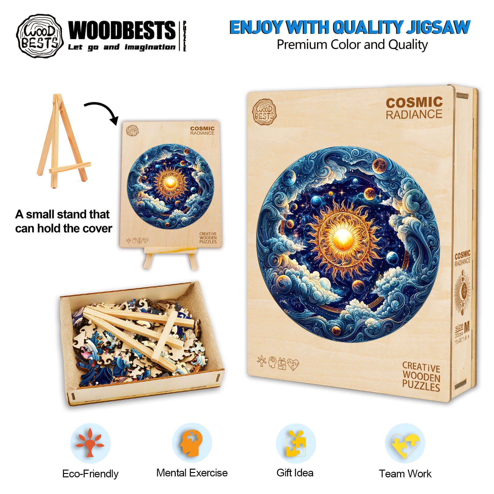Cosmic Radiance wooden jigsaw puzzle with vibrant design, eco-friendly materials, and stand for display.