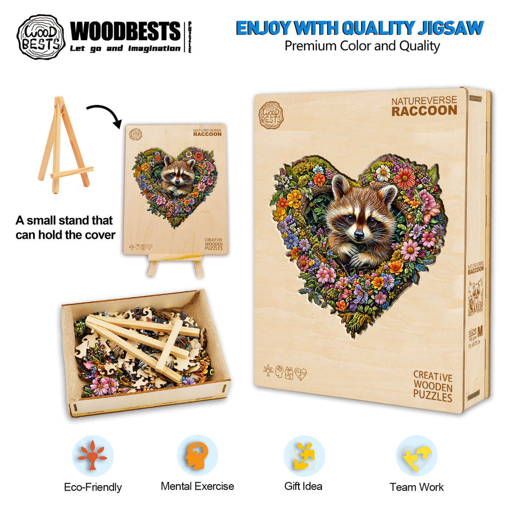 Natureverse Raccoon wooden jigsaw puzzle featuring vibrant colors and flowers, promoting focus and teamwork.