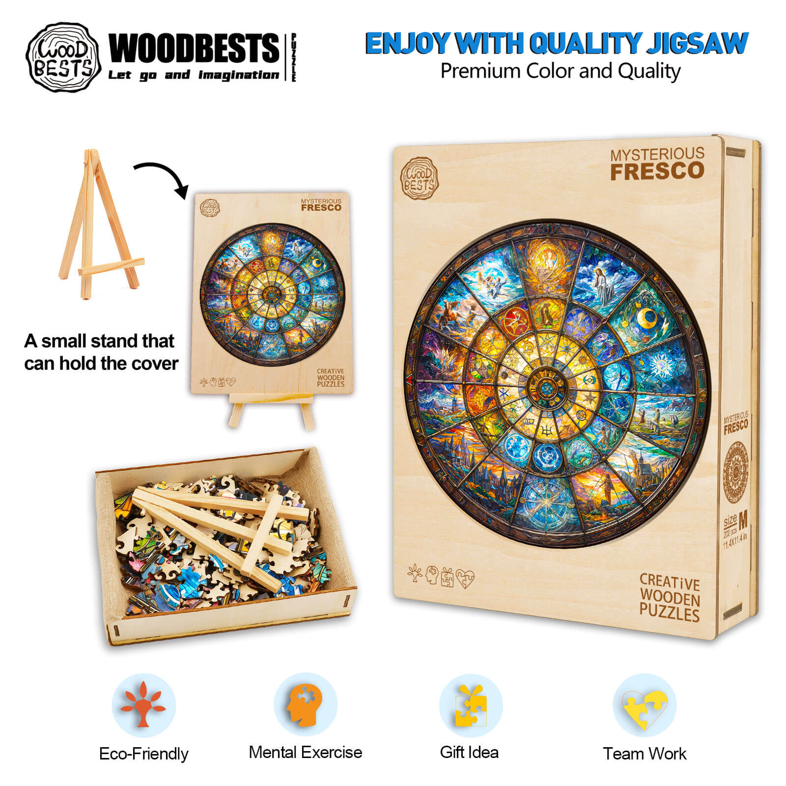 Mysterious Fresco wooden jigsaw puzzle kit showcasing vibrant design, eco-friendly materials, and mental exercise benefits.