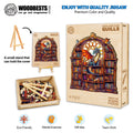 SEEK AND FIND QUILLS wooden jigsaw puzzle featuring a vibrant dragon design with colorful bookcase backdrop.