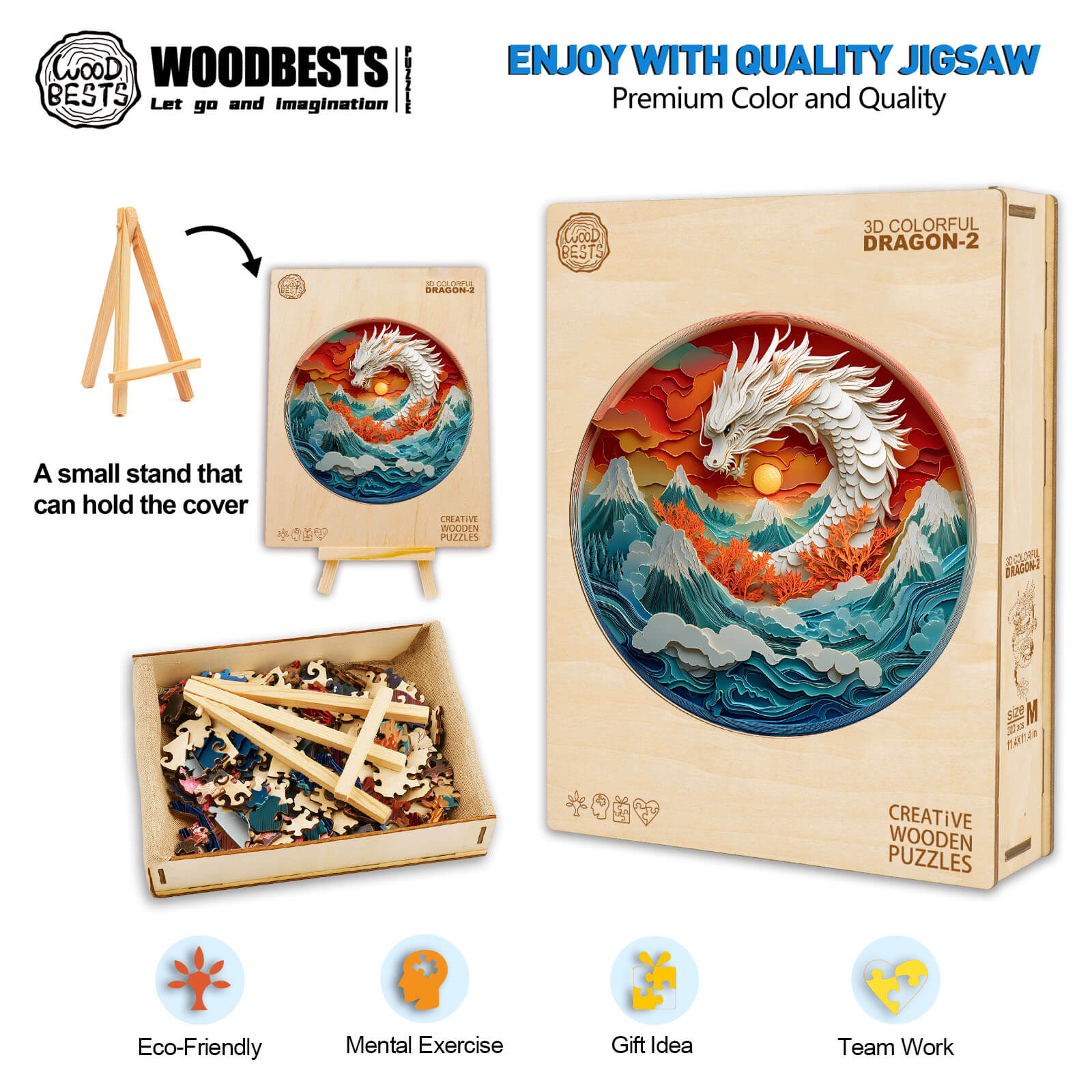 3D Colorful Dragon-2 wooden jigsaw puzzle with pieces, small stand, and vibrant design for mental exercise and teamwork.
