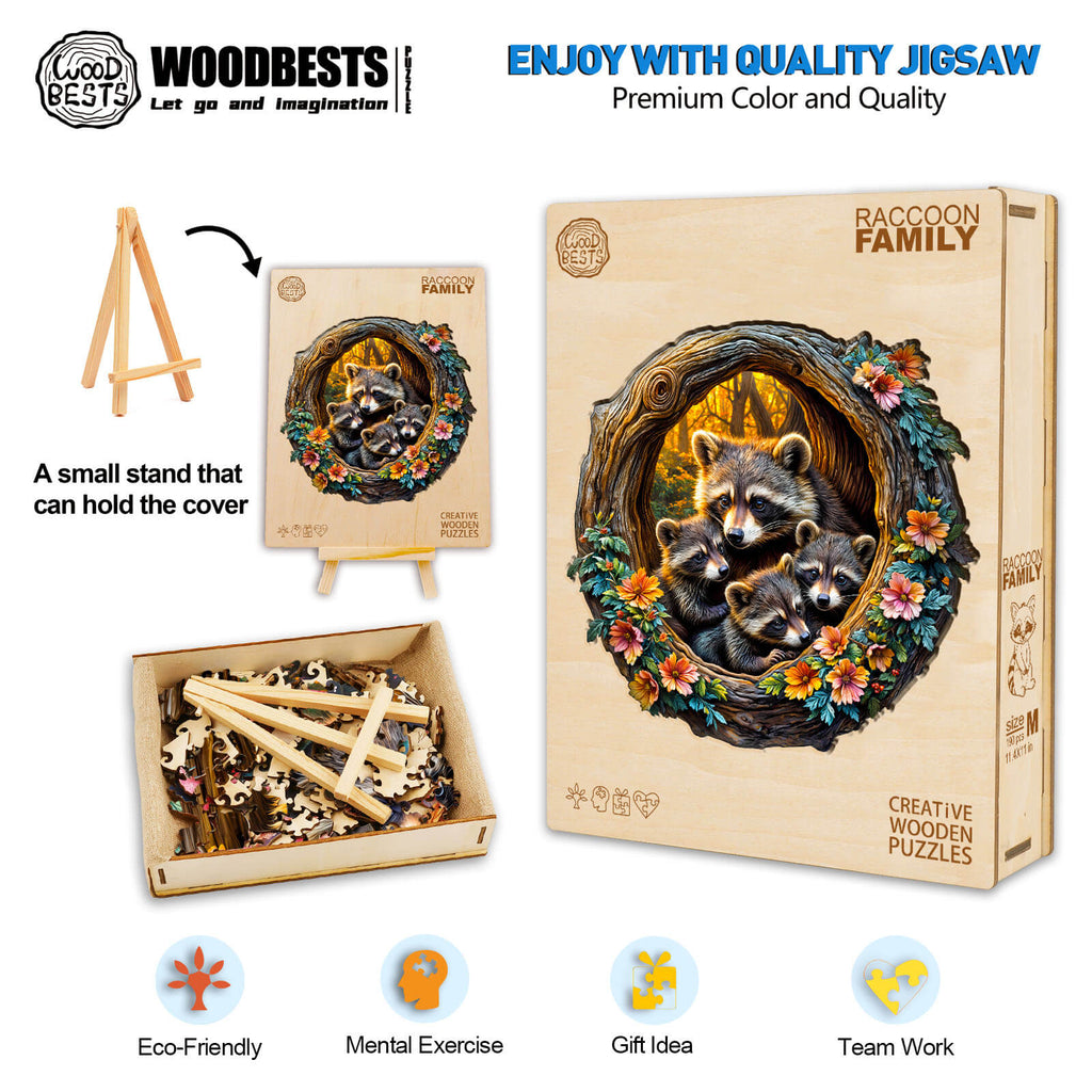 Raccoon Family wooden jigsaw puzzle with vibrant colors, perfect for mental exercise and family fun.