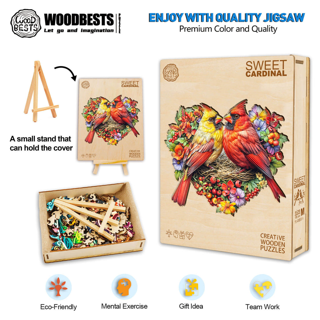 Sweet Cardinal wooden jigsaw puzzle featuring vibrant colors, eco-friendly materials, great for mental exercise and teamwork.